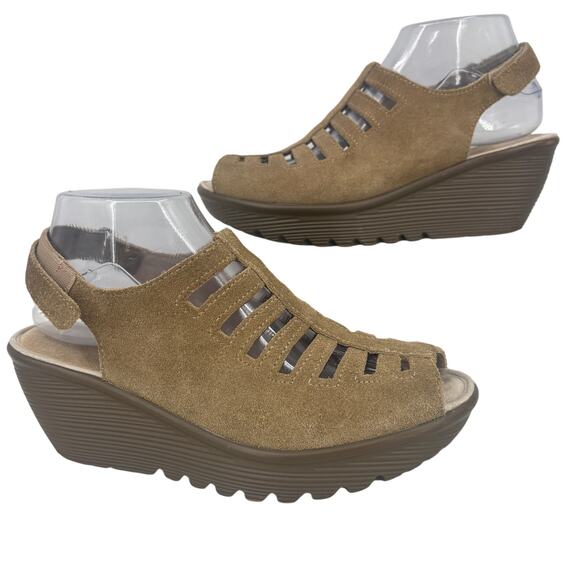 Skechers Sandals Womens Size 8 Beige Leather Platform Wedge Parallel Cutouts - Picture 1 of 9